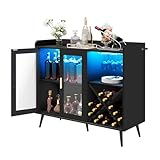 YITAHOME Barschrank mit verstellbaren LED-Lichtern, Kaffeebar mit Weinregal & Haken & Acryl-Türschrank, Küche Buffet Sideboard für Home Bar/Esszimmer/Wohnzimmer, Schwarz