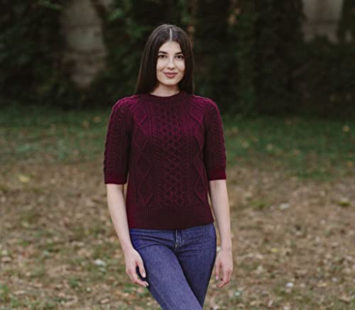 Image of Traditional Irish Sweater for Ladies Short Sleeve Cable Knit - 100% Merino Wool