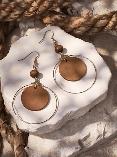MINACHI Vintage Bohemian Circular Wooden Disc Dangle Drop Earrings, Boho Summer Jewelry Gift for Women4