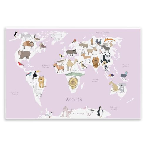 Kids World Map Animal Learning, 13 x 19 Inch Mounted Print on Wall Plaque