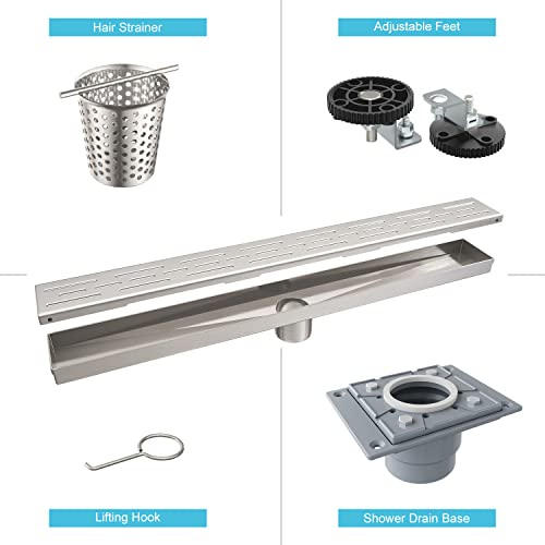 Shower Drain by EMBATHER Linear Shower Drain 48 Inch Floor Drain with Removable Quadrato Pattern Grate CUPC Certified, 304 Stainless Shower Drain Base Hair Strainer and Leveling Feet