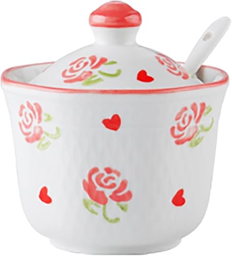 Azucarero de porcelana con tapa y cuchara, tarro de almacenamiento de sal de cerámica, patrón de flores de frutas, recipiente blanco para