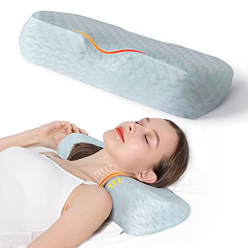 Cervical Neck Pillow for Sleeping, Memory Foam Pillow Neck Bolster Pillow for Stiff Neck Pain Relief, Neck Support Pillow Cervical Pillows for Pain Relief Sleeping Bed Pillow(Light Blue)