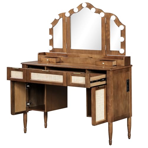 Image of JIVOIT 44.37 inch Makeup Vanity Desk with Tri-Fold Mirror, Large Vanity Table with 5 Drawers and Shelves and 2 Cabinets, Dressing Table, Easy Assembly
