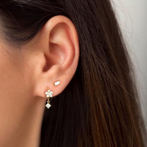 Dainty Flat Back Stud Earrings for Women 14K Gold Plated CZ Small Flatback Stud Earrings, Hypoallergenic Cartilage Tragus Piercing Screw Back Earrings for Women Trendy Gold Jewelry (Square) by the City - Image 4