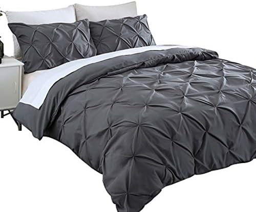 Ucharge Unique Pinch Pleat Pintuck Duvet Cover Set,3 Pieces Decorative Stylish Brushed Microfiber Bedding Set with Zipper and Corner Ties (Queen Dark Grey)