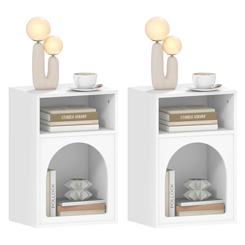 HOMCOM Lot de 2 Tables de Chevet, Table de Nuit avec Compartiments Ouverts, Design arqué, Chevet de lit pour Chambre à Coucher, Salon, 40 x 30 x 60 cm, Blanc