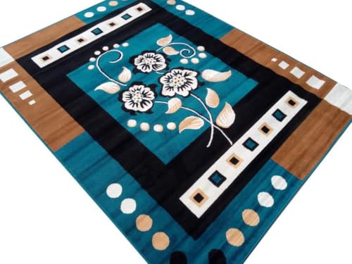 Image of Modern Floral Area Rug for Living Room | Soft Anti-Slip Carpet for Bedroom & Hall | Stylish Blue & Black Designer Floor Rug 6x8 feet