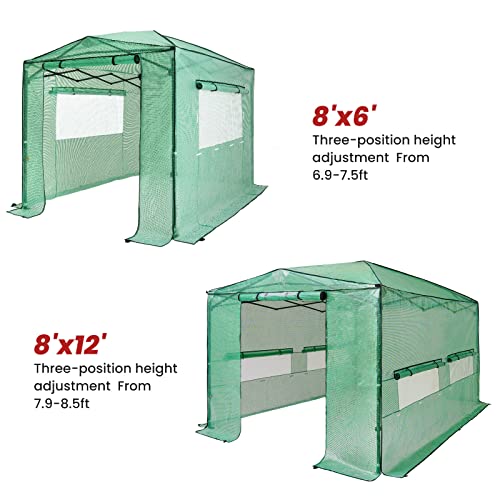 OUTFINE 8'x12' Portable Greenhouse Pop-up Greenhouse Indoor Outdoor Plant Gardening Canopy, 2 Roll-Up Zipper Doors and 4 Side Windows，Green - Thumbnail 3