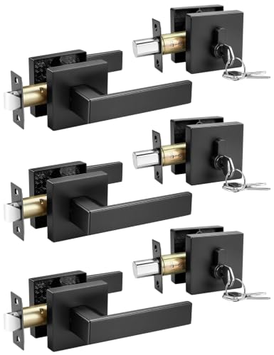 Image of Tinewa 3 Pack Black Passage Door Lever with Single Cylinder Deadbolt, Exterior Square Door Handle with Deadbolt, Modern Door Lock Handleset Keyed Alike