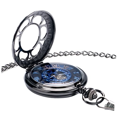 Montre de poche mécanique squelette noire vintage avec chiffres romains et chaîne pour homme