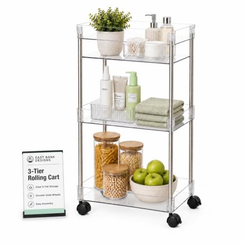 American Dream Acrylic 3-Tier Rolling Cart with Wheels, Chrome & Clear Utility Storage Trolley, Mobile Organizer for Kitchen, Bathroom & Office