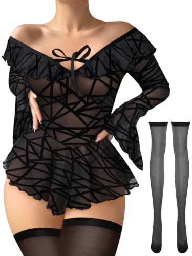 Image of Foxiny Sheer Ruffle Long Sleeve Babydoll Lingerie Dress