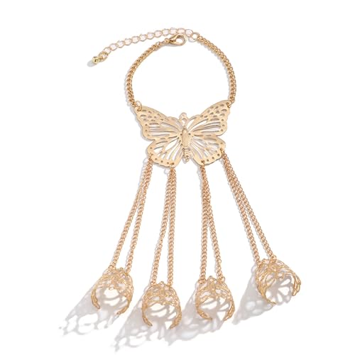 Jumwrit Vintage Finger Ring Hand Chain Bracelet Boho Butterfly Ethnic Hand Harness Belly Dance Cosplay Hollow Flower Open Ring Bracelet Costume Accessories for Women4