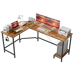 Modern L-Shaped Computer Desk with Monitor Stand | 66″ Corner Home Office Desk with Storage Shelves | Spacious Workstation for Gaming & Work, Rustic Brown