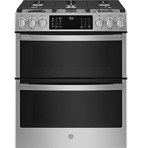 GE PROFILE Profile 30 in. 5 Burner Smart Slide-In Double Oven Gas Range in Fingerprint Resistant Stainless with True Convection