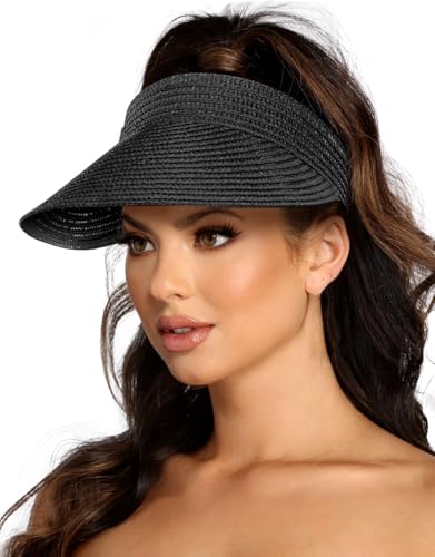 EW EastWater Beach Sun Visor Hats for Women, Wide Brim UPF50+ Sun Protection Straw Hat Packable Foldable for Summer Black