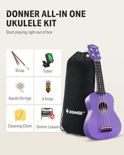 Image of Donner Soprano Ukulele for Beginner 21 Inch Matte Ukulele Beginner Kit with Bag Strap Tuner Strings Picks Cloth, Free Online Lessons (Purple)