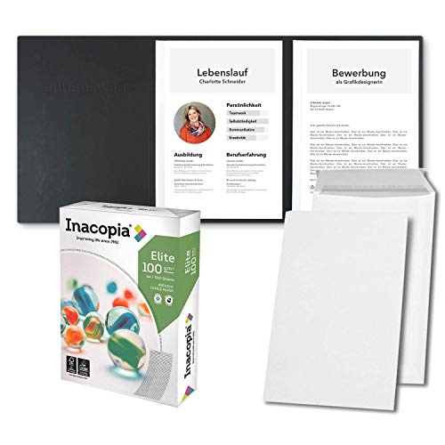 Bewerbungsset // 10 Stück 3-teilige Bewerbungsmappen Schwarz + 250 Blatt 100 g/m² Premium Bewerbungspapier + 10 Stück B4 Versandtaschen in...