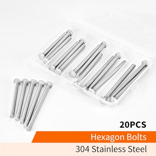Image of M6 x 60mm 65mm 70mm 75mm 80mm Heavy Duty Hexagon Bolts Hex Head Screws, 304 Stainless Steel, Metric, Machine Fully Thread, Bright Finish, Assortment Kit 20PCS