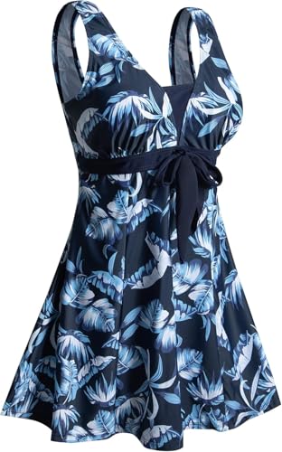 Ecupper Badeanzug Damen Elegant Einteiliger Badeanzug Mit Brustpolster Badeanzugkleid Baderock Blaue Feder XL