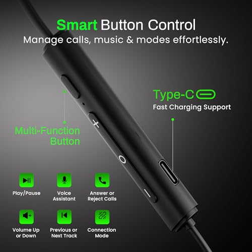 Image of HAMMER Splendor 2 Wireless Neckband Bluetooth v6.0 with 50H Playtime, ENC, 10mm Drivers, Type-C Fast Charging, 55ms Low Latency, Lightweight Earphones (Black)