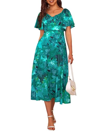 Image of Fashionme Womens Dresses 2026 Maxi Dresses Deep V Neck Elegant Bow Tie Front Cap Sleeve Summer Floral Satin Smocked Dress