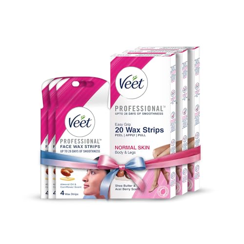 Image of Veet Full Body Waxing Strips Kit - Normal Skin, 20 Strips (Pack of 3) with Face Wax Strips, 4 strips (Pack of 3) | Painless, Quick & Gentle Hair Removal.