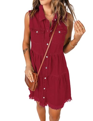 Image of luvamia Women's Casual Summer Lapel Sleeveless Button Down Short Denim Jean Dress