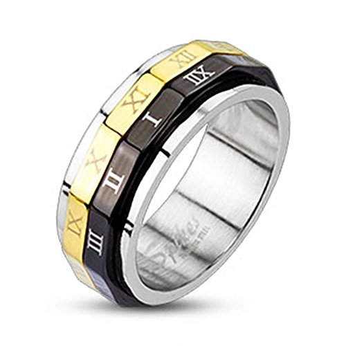 UrbanBijoux Bague Anneau Homme Femme Acier Noir Or tournante Spin Chiffres Romains - 54