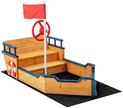 Maxmass Kids Wooden Sandpit, Children Large Sandbox with Non-woven Fabric, Storage Benches and Backrest & Armrest, Pirate Ship Sandboat for Outdoor Backyard Garden Beach