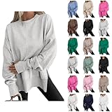 Oversized Sweatshirt for Women with Thumbholes Long Sleeve Side Slit Sweatshirt Casual Crewneck Pullover Y2k Tops Gray