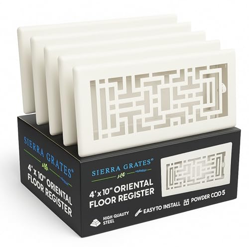5Pcs, Sierra Grates 4" x 10" Oriental Design Steel Floor Register in Glacier White Finish for Floor l- Decorative Air Vent Covers- Floor Register 4” x 10” by Sierra Grates - Used condition - CA$116.87