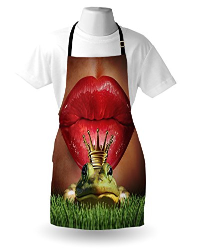 Ambesonne Animal Apron, Lady Finds Her Frog Prince Charming Soul Mate In Love Romance Art, Unisex Kitchen Bib With Adjustable Neck For Cooking Gardening, Adult Size, Yellow Green #TOP2