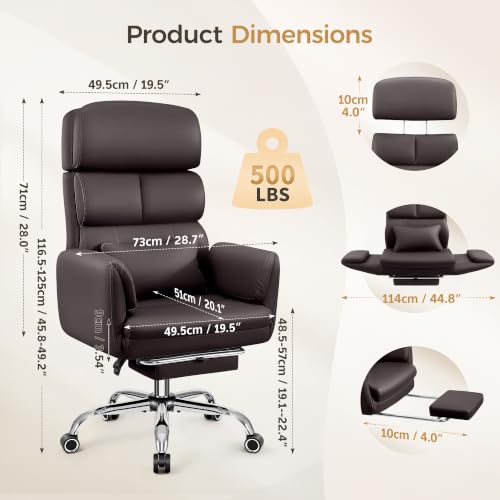 Image of Big and Tall Office Chair 500LBS, Ergonomic High Back Leather Executive Chair, Reclining Swivel with Adjustable Armrests Lumbar Support Footrest, Cross Legged, Coffee