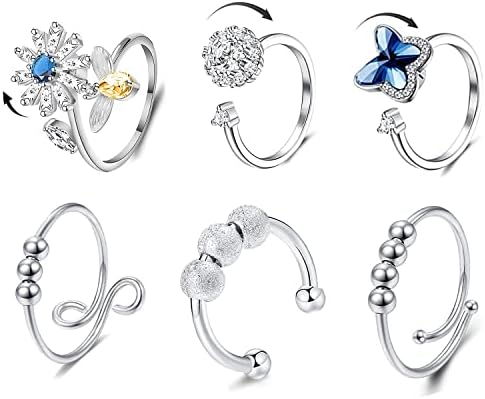 6 Pcs Anxiety Rings, 6 Styles Of Adjustable Bead Rings Open Finger Rings with Beads Rotatable Mood Rings for Women