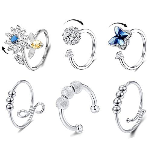 6 Pcs Anxiety Ring for Women, 6 Styles Fidget Ring Adjustable Open Fidget Rings for Women Cute Thumb Rings Spinner Rings for Women Butterfly Flower Ring Sets for Valentine's Day Gifts