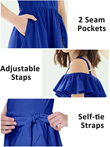 Mebius Girls Summer Off Shoulder Dresses Flowy Twirl Spaghetti Strap Ruffle Cute Casual A-Line Dress With Pockets Blue 08Y #TOP3