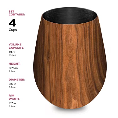 Stainless Steel Unbreakable Wine Glasses - 18 Ounce Set Of 4 Wine Glasses. Premium Grade 18/8 Stainless Steel Red & White Stemless Wine Glasses Set, (Rustic Grained Sienna) #TOP6