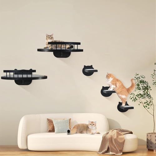 Estantes de pared para gatos con rascador y escaleras de madera miniatura 4