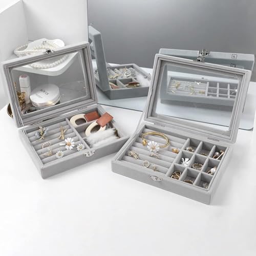 Image of Premium Women Jewelry Storage Box, Open Window Velvet Ring, Bracelets, Earrings Display, 9 Grids Lockable, Removal Tray, Ring Slot, Jewelry Tray Travel Case (pack of 1 piece, grey)