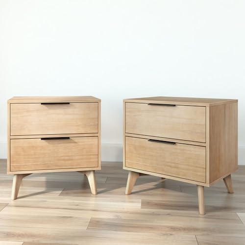 Plank+Beam Haven Solid Pine Nightstand Set of 2, 2 Drawers Each, Low-VOC Finish, Modern Bedroom Side Tables with Black Handle, Anti-Tip Kit Included, Blonde