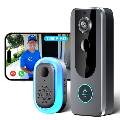 QESSUVNC Doorbell Camera Wireless,Tuya Smart 1280P HD WiFi Video Doorbell Security Camera with Built-in Battery, Night Vision/2-Way Audio/Supports SD & Cloud Storage, Includes Chime 2.4GHz WiFi