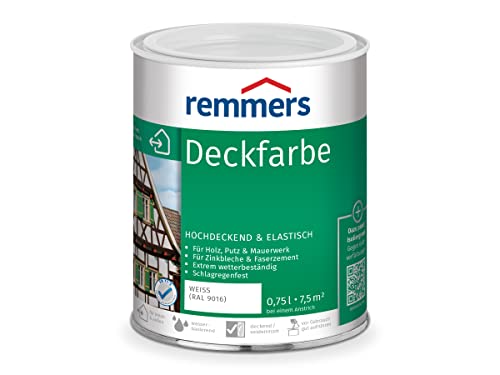 Remmers Deckfarbe weiß (RAL 9016), 0,75 Liter, Deckfarbe für innen und außen, Wetterschutzfarbe viele Untergründe, hochdeckend, wetterfest