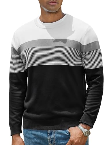 iClosam Suéter de Cuello Redondo a Rayas para Hombre, Suéteres de Punto de Algodón de Manga Larga, Clásico Hombre Jersey de Cuello Redondo,Estilo Moderno para Oficina y Vida Diaria, Negro, L