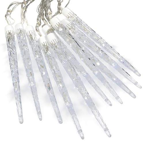 Nipach GmbH 40 LED Eiszapfenkette Lichterkette Leuchtfarbe weiß mit 8 Funktionen für Außen Trafo Timer transparentes Kabel Weihnachtsbeleuchtung Xmas-Deko