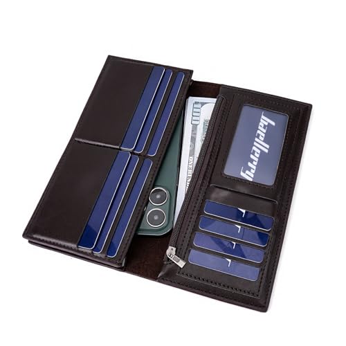 Bifold Card Holder Wallet for Men with Clear Photo Position, Compact Leather Long Wallet Purse, Slim Mens RFID Wallet with Zipper Pocket, Small Phone Bag Wallet with Card Slots, Brown3