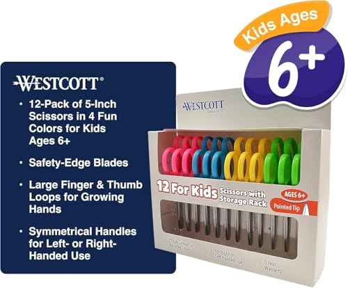 Westcott Right & Left-Handed Scissors For Kids - Back to School Essentials, Classroom Must Haves, Art Supplies - 5-Inch Pointed Safety Scissors - Assorted Colors - 12 Pack (ACM13141)