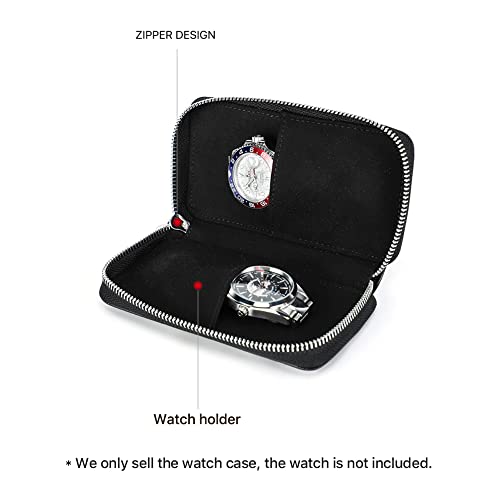 Image of CONTACT'S FAMILY Watch Box Travel Watch Storage Case Genuine Leather for 2 Watches Travel Watch Case Zipper Watch Pouch Vintage Watch Storage Box Watch Case Box For Men (Black)