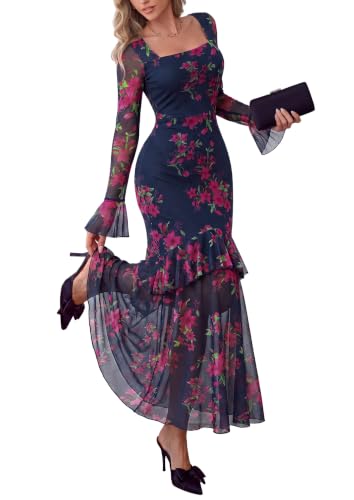 PRETTYGARDEN Womens Floral Long Sleeve Dress A Line Mesh Fall Maxi Dresses